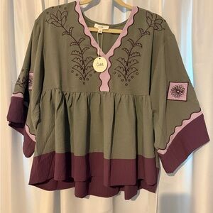 Oddi Green and Purple Women's Embroidered Blouse